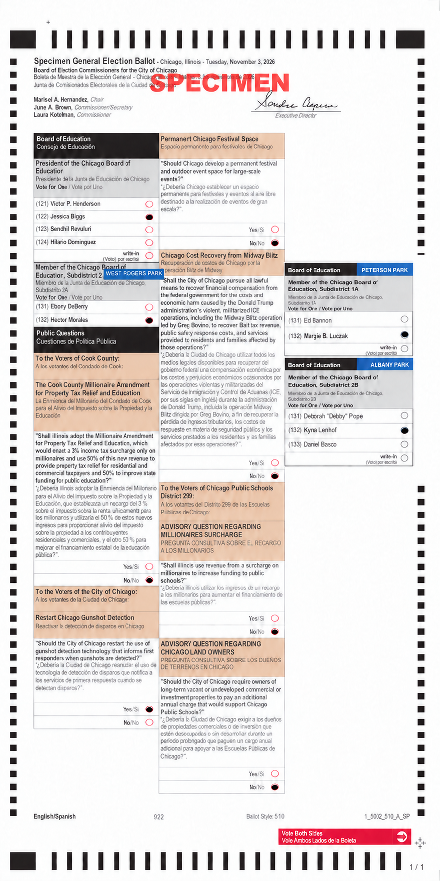 Annotated last page of the November 3, 2026 specimen ballot, including Board of Education races and public questions